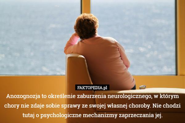 Anozognozja to określenie zaburzenia neurologicznego, w którym chory nie zdaje sobie sprawy ze swojej własnej choroby. Nie chodzi tutaj o psychologiczne mechanizmy zaprzeczania jej. 