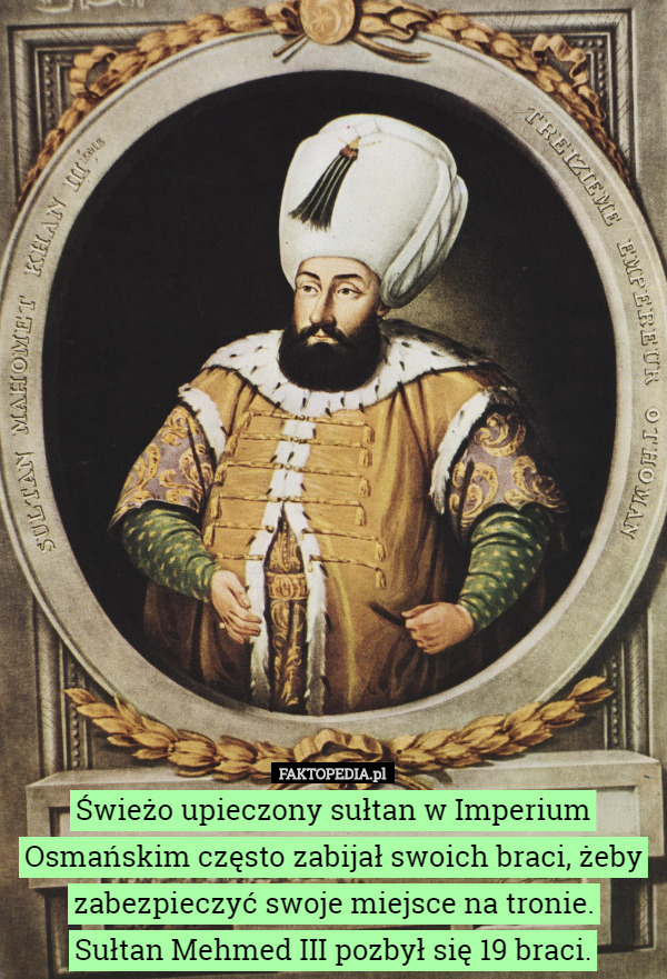 Świeżo upieczony sułtan w Imperium Osmańskim często zabijał swoich braci, żeby zabezpieczyć swoje miejsce na tronie.
Sułtan Mehmed III pozbył się 19 braci. 