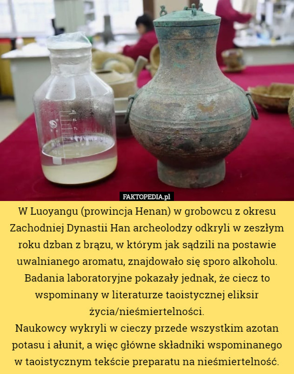 W Luoyangu (prowincja Henan) w grobowcu z okresu Zachodniej Dynastii Han archeolodzy odkryli w zeszłym roku dzban z brązu, w którym jak sądzili na postawie uwalnianego aromatu, znajdowało się sporo alkoholu. Badania laboratoryjne pokazały jednak, że ciecz to wspominany w literaturze taoistycznej eliksir życia/nieśmiertelności.
Naukowcy wykryli w cieczy przede wszystkim azotan potasu i ałunit, a więc główne składniki wspominanego w taoistycznym tekście preparatu na nieśmiertelność. 