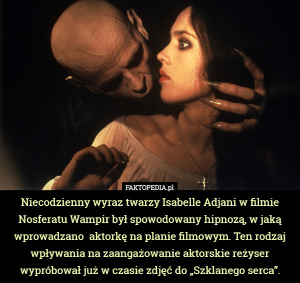 Niecodzienny wyraz twarzy Isabelle Adjani w filmie Nosferatu Wampir był spowodowany hipnozą, w jaką wprowadzano  aktorkę na planie filmowym. Ten rodzaj wpływania na zaangażowanie aktorskie reżyser wypróbował już w czasie zdjęć do „Szklanego serca”. 