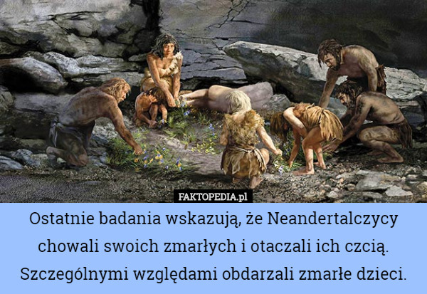 Ostatnie badania wskazują, że Neandertalczycy chowali swoich zmarłych i otaczali ich czcią. Szczególnymi względami obdarzali zmarłe dzieci. 