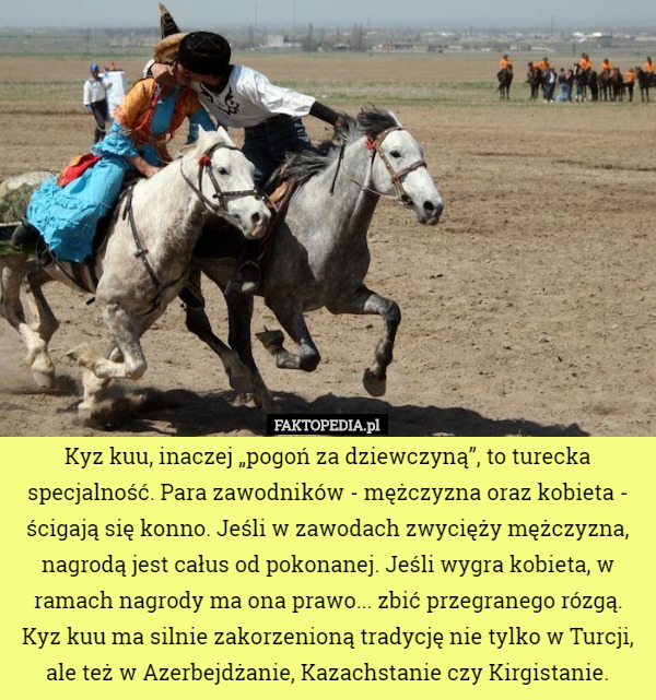 Kyz kuu, inaczej „pogoń za dziewczyną”, to turecka specjalność. Para zawodników - mężczyzna oraz kobieta - ścigają się konno. Jeśli w zawodach zwycięży mężczyzna, nagrodą jest całus od pokonanej. Jeśli wygra kobieta, w ramach nagrody ma ona prawo... zbić przegranego rózgą. Kyz kuu ma silnie zakorzenioną tradycję nie tylko w Turcji, ale też w Azerbejdżanie, Kazachstanie czy Kirgistanie. 