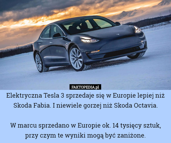 Elektryczna Tesla 3 sprzedaje się w Europie lepiej niż Skoda Fabia. I niewiele gorzej niż Skoda Octavia.

W marcu sprzedano w Europie ok. 14 tysięcy sztuk, przy czym te wyniki mogą być zaniżone. 