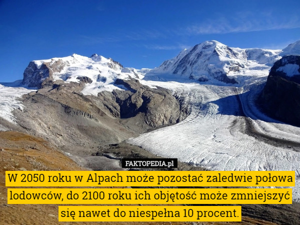 W 2050 roku w Alpach może pozostać zaledwie połowa lodowców, do 2100 roku ich objętość może zmniejszyć się nawet do niespełna 10 procent. 