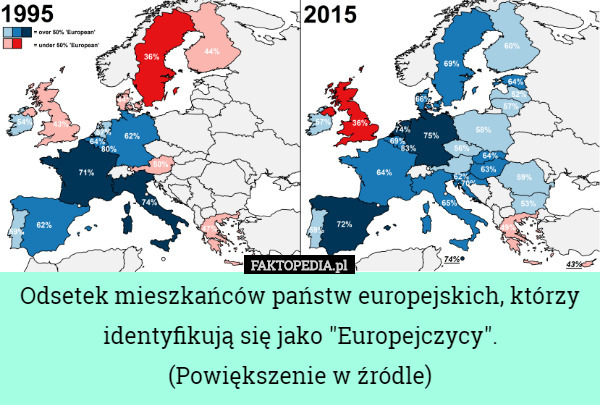 Odsetek mieszkańców państw europejskich, którzy identyfikują się jako "Europejczycy".
(Powiększenie w źródle) 
