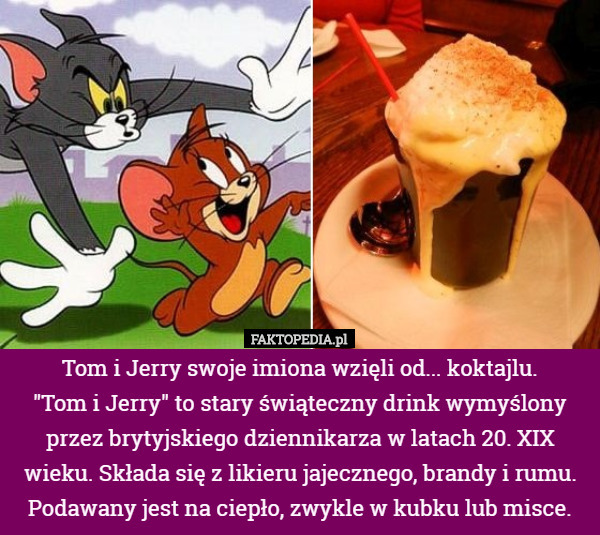 Tom i Jerry swoje imiona wzięli od... koktajlu.
 "Tom i Jerry" to stary świąteczny drink wymyślony przez brytyjskiego dziennikarza w latach 20. XIX wieku. Składa się z likieru jajecznego, brandy i rumu. Podawany jest na ciepło, zwykle w kubku lub misce. 