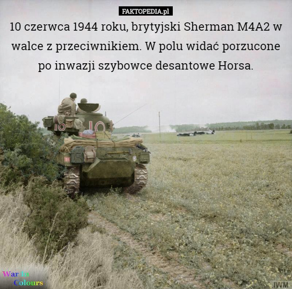 10 czerwca 1944 roku, brytyjski Sherman M4A2 w walce z przeciwnikiem. W polu widać porzucone po inwazji szybowce desantowe Horsa. 