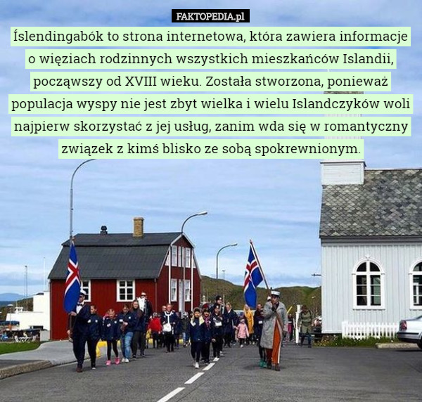 Íslendingabók to strona internetowa, która zawiera informacje o więziach rodzinnych wszystkich mieszkańców Islandii, począwszy od XVIII wieku. Została stworzona, ponieważ populacja wyspy nie jest zbyt wielka i wielu Islandczyków woli najpierw skorzystać z jej usług, zanim wda się w romantyczny związek z kimś blisko ze sobą spokrewnionym. 