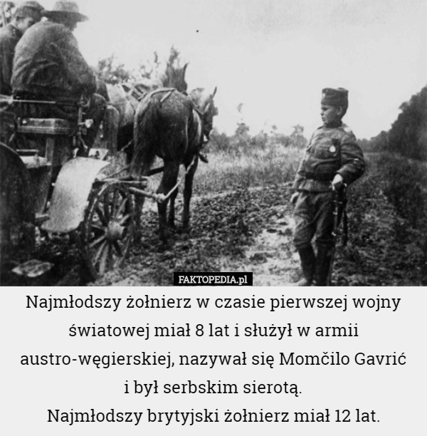 Najmłodszy żołnierz w czasie pierwszej wojny światowej miał 8 lat i służył w armii austro-węgierskiej, nazywał się Momčilo Gavrić
 i był serbskim sierotą.
Najmłodszy brytyjski żołnierz miał 12 lat. 