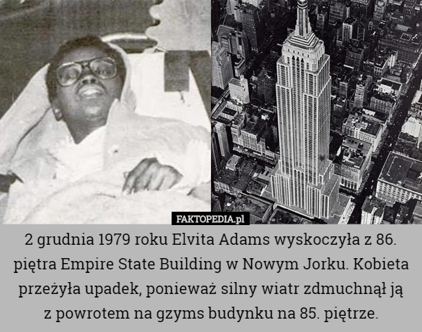 2 grudnia 1979 roku Elvita Adams wyskoczyła z 86. piętra Empire State Building w Nowym Jorku. Kobieta przeżyła upadek, ponieważ silny wiatr zdmuchnął ją
 z powrotem na gzyms budynku na 85. piętrze. 