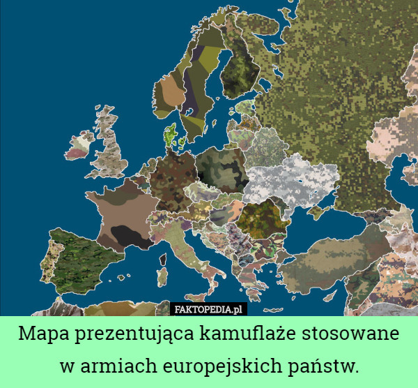 Mapa prezentująca kamuflaże stosowane w armiach europejskich państw. 