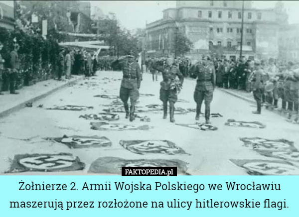 Żołnierze 2. Armii Wojska Polskiego we Wrocławiu maszerują przez rozłożone na ulicy hitlerowskie flagi. 