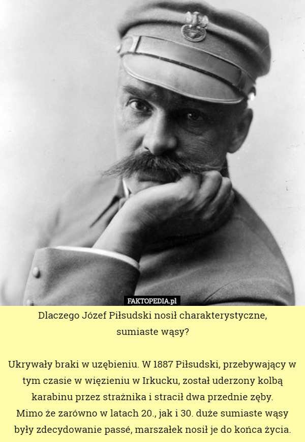 Dlaczego Józef Piłsudski nosił charakterystyczne,
 sumiaste wąsy?

 Ukrywały braki w uzębieniu. W 1887 Piłsudski, przebywający w tym czasie w więzieniu w Irkucku, został uderzony kolbą karabinu przez strażnika i stracił dwa przednie zęby.
 Mimo że zarówno w latach 20., jak i 30. duże sumiaste wąsy były zdecydowanie passé, marszałek nosił je do końca życia. 