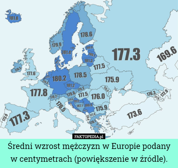 Średni wzrost mężczyzn w Europie podany w centymetrach (powiększenie w źródle). 