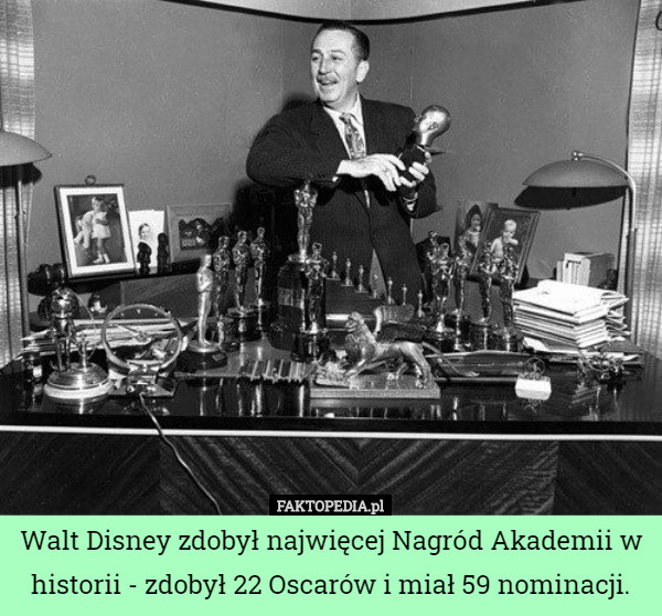 Walt Disney zdobył najwięcej Nagród Akademii w historii - zdobył 22 Oscarów i miał 59 nominacji. 
