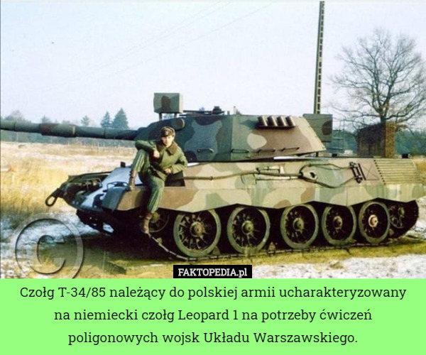 Czołg T-34/85 należący do polskiej armii ucharakteryzowany na niemiecki czołg Leopard 1 na potrzeby ćwiczeń poligonowych wojsk Układu Warszawskiego. 