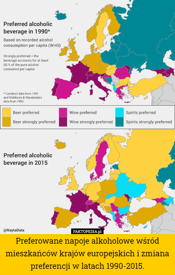 Preferowane napoje alkoholowe wśród mieszkańców krajów europejskich i zmiana preferencji w latach 1990-2015. 