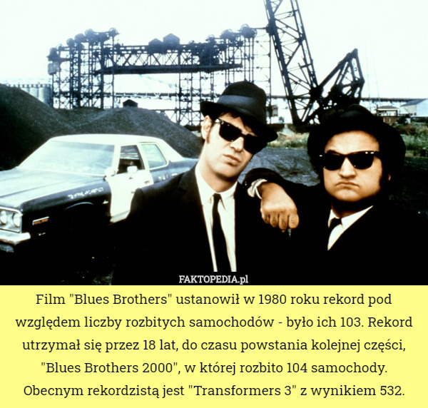 Film "Blues Brothers" ustanowił w 1980 roku rekord pod względem liczby rozbitych samochodów - było ich 103. Rekord utrzymał się przez 18 lat, do czasu powstania kolejnej części, "Blues Brothers 2000", w której rozbito 104 samochody. Obecnym rekordzistą jest "Transformers 3" z wynikiem 532. 