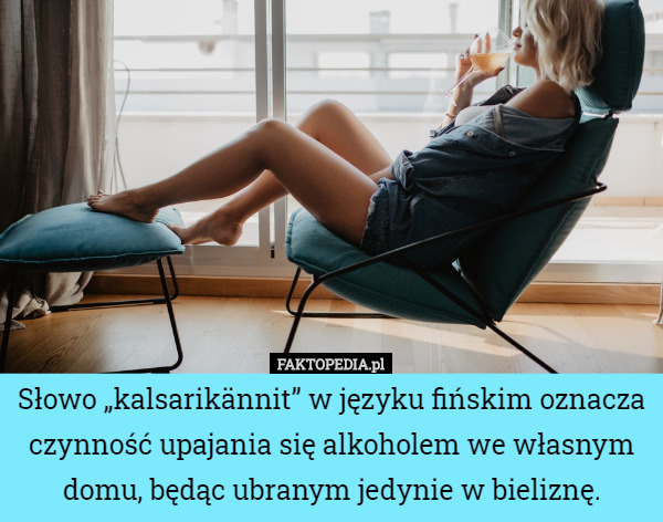 Słowo „kalsarikännit” w języku fińskim oznacza czynność upajania się alkoholem we własnym domu, będąc ubranym jedynie w bieliznę. 
