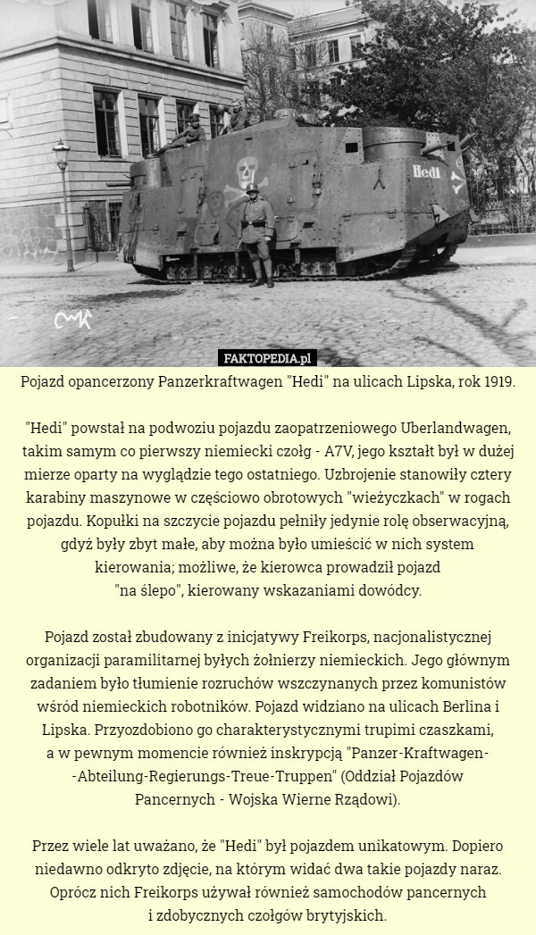 Pojazd opancerzony Panzerkraftwagen "Hedi" na ulicach Lipska, rok 1919.

"Hedi" powstał na podwoziu pojazdu zaopatrzeniowego Uberlandwagen, takim samym co pierwszy niemiecki czołg - A7V, jego kształt był w dużej mierze oparty na wyglądzie tego ostatniego. Uzbrojenie stanowiły cztery karabiny maszynowe w częściowo obrotowych "wieżyczkach" w rogach pojazdu. Kopułki na szczycie pojazdu pełniły jedynie rolę obserwacyjną, gdyż były zbyt małe, aby można było umieścić w nich system
 kierowania; możliwe, że kierowca prowadził pojazd
 "na ślepo", kierowany wskazaniami dowódcy.

Pojazd został zbudowany z inicjatywy Freikorps, nacjonalistycznej organizacji paramilitarnej byłych żołnierzy niemieckich. Jego głównym zadaniem było tłumienie rozruchów wszczynanych przez komunistów wśród niemieckich robotników. Pojazd widziano na ulicach Berlina i Lipska. Przyozdobiono go charakterystycznymi trupimi czaszkami,
 a w pewnym momencie również inskrypcją "Panzer-Kraftwagen-
 -Abteilung-Regierungs-Treue-Truppen" (Oddział Pojazdów
 Pancernych - Wojska Wierne Rządowi).

Przez wiele lat uważano, że "Hedi" był pojazdem unikatowym. Dopiero niedawno odkryto zdjęcie, na którym widać dwa takie pojazdy naraz. Oprócz nich Freikorps używał również samochodów pancernych
 i zdobycznych czołgów brytyjskich. 