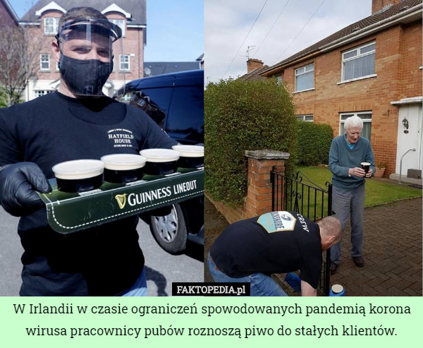 W Irlandii w czasie ograniczeń spowodowanych pandemią korona wirusa pracownicy pubów roznoszą piwo do stałych klientów. 