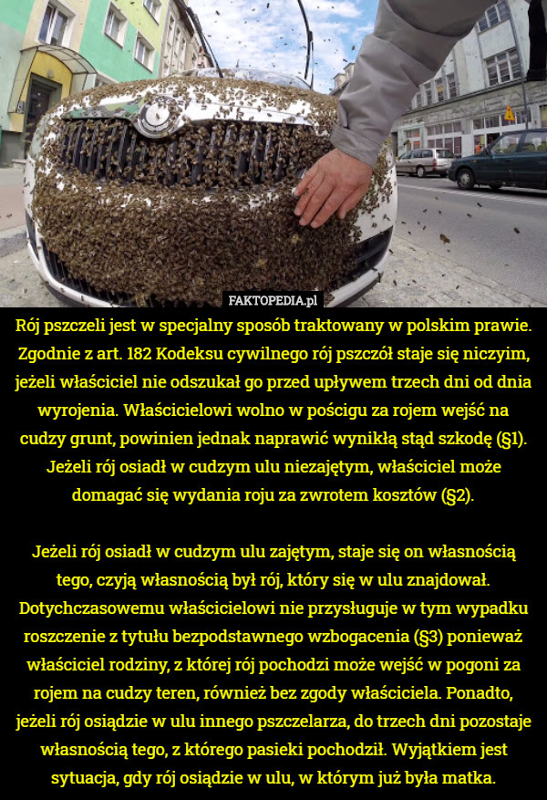 Rój pszczeli jest w specjalny sposób traktowany w polskim prawie. Zgodnie z art. 182 Kodeksu cywilnego rój pszczół staje się niczyim, jeżeli właściciel nie odszukał go przed upływem trzech dni od dnia wyrojenia. Właścicielowi wolno w pościgu za rojem wejść na cudzy grunt, powinien jednak naprawić wynikłą stąd szkodę (§1). Jeżeli rój osiadł w cudzym ulu niezajętym, właściciel może domagać się wydania roju za zwrotem kosztów (§2).

 Jeżeli rój osiadł w cudzym ulu zajętym, staje się on własnością tego, czyją własnością był rój, który się w ulu znajdował. Dotychczasowemu właścicielowi nie przysługuje w tym wypadku roszczenie z tytułu bezpodstawnego wzbogacenia (§3) ponieważ właściciel rodziny, z której rój pochodzi może wejść w pogoni za rojem na cudzy teren, również bez zgody właściciela. Ponadto, jeżeli rój osiądzie w ulu innego pszczelarza, do trzech dni pozostaje własnością tego, z którego pasieki pochodził. Wyjątkiem jest sytuacja, gdy rój osiądzie w ulu, w którym już była matka. 