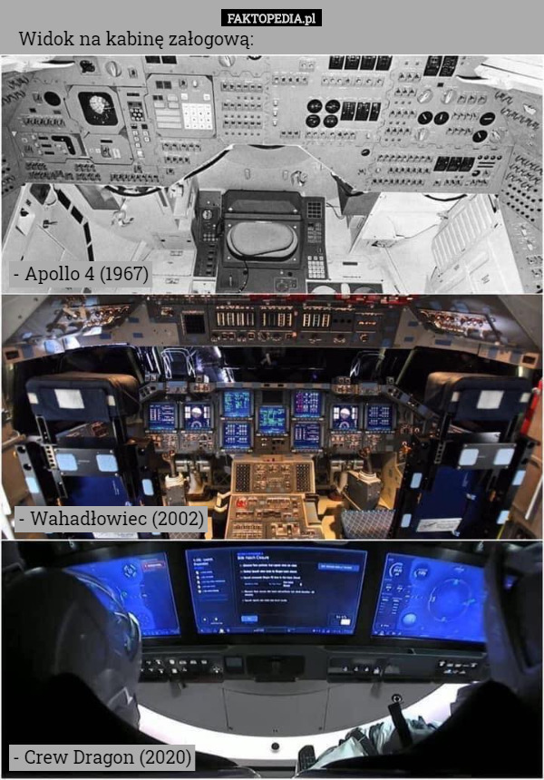 Widok na kabinę załogową: - Apollo 4 (1967) - Wahadłowiec (2002) - Crew Dragon (2020) 