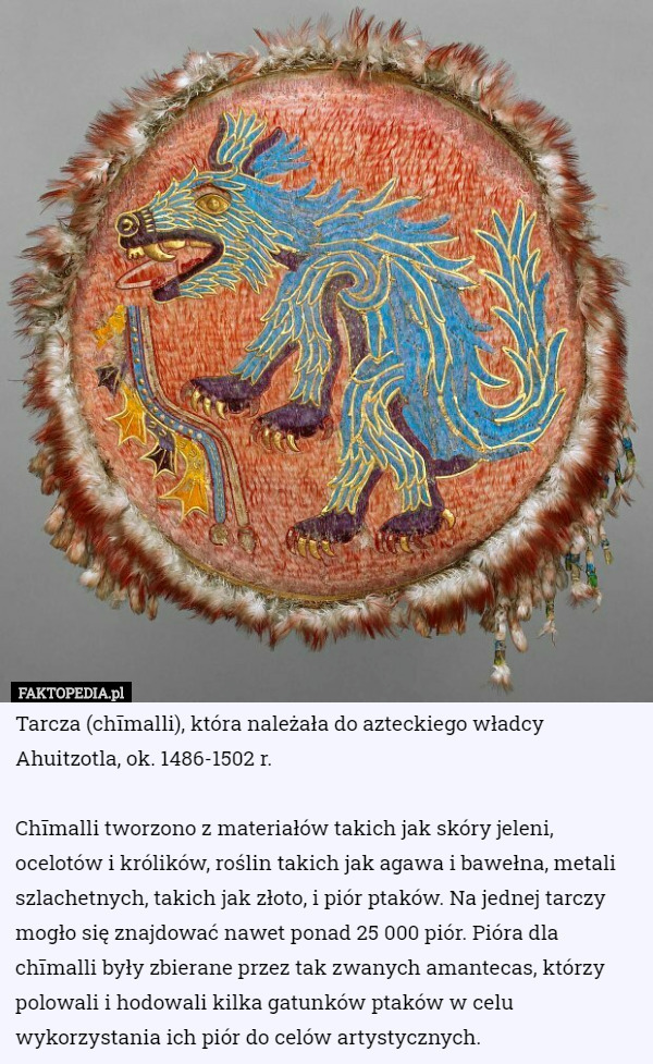 Tarcza (chīmalli), która należała do azteckiego władcy Ahuitzotla, ok. 1486-1502 r.

Chīmalli tworzono z materiałów takich jak skóry jeleni, ocelotów i królików, roślin takich jak agawa i bawełna, metali szlachetnych, takich jak złoto, i piór ptaków. Na jednej tarczy mogło się znajdować nawet ponad 25 000 piór. Pióra dla chīmalli były zbierane przez tak zwanych amantecas, którzy polowali i hodowali kilka gatunków ptaków w celu wykorzystania ich piór do celów artystycznych. 