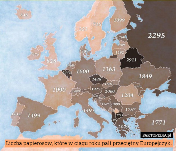 Liczba papierosów, które w ciągu roku pali przeciętny Europejczyk. 
