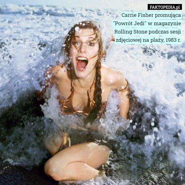 Carrie Fisher promująca "Powrót Jedi" w magazynie Rolling Stone podczas sesji zdjęciowej na plaży, 1983 r. 