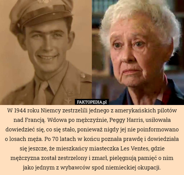 W 1944 roku Niemcy zestrzelili jednego z amerykańskich pilotów nad Francją. Wdowa po mężczyźnie, Peggy Harris, usiłowała dowiedzieć się, co się stało, ponieważ nigdy jej nie poinformowano o losach męża. Po 70 latach w końcu poznała prawdę i dowiedziała się jeszcze, że mieszkańcy miasteczka Les Ventes, gdzie mężczyzna został zestrzelony i zmarł, pielęgnują pamięć o nim
 jako jednym z wybawców spod niemieckiej okupacji. 