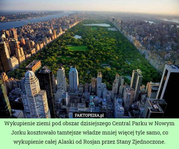 Wykupienie ziemi pod obszar dzisiejszego Central Parku w Nowym Jorku kosztowało tamtejsze władze mniej więcej tyle samo, co wykupienie całej Alaski od Rosjan przez Stany Zjednoczone. 