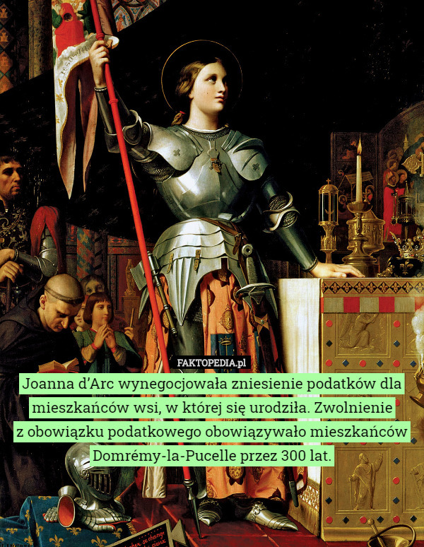 Joanna d’Arc wynegocjowała zniesienie podatków dla mieszkańców wsi, w której się urodziła. Zwolnienie
z obowiązku podatkowego obowiązywało mieszkańców Domrémy-la-Pucelle przez 300 lat. 