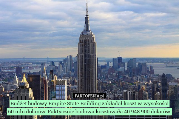 Budżet budowy Empire State Building zakładał koszt w wysokości
 60 mln dolarów. Faktycznie budowa kosztowała 40 948 900 dolarów. 