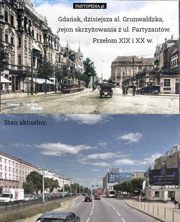 Gdańsk, dzisiejsza al. Grunwaldzka, rejon skrzyżowania z ul. Partyzantów. Przełom XIX i XX w. Stan aktualny. 