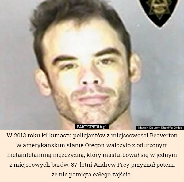 W 2013 roku kilkunastu policjantów z miejscowości Beaverton w amerykańskim stanie Oregon walczyło z odurzonym metamfetaminą mężczyzną, który masturbował się w jednym
z miejscowych barów. 37-letni Andrew Frey przyznał potem,
że nie pamięta całego zajścia. 
