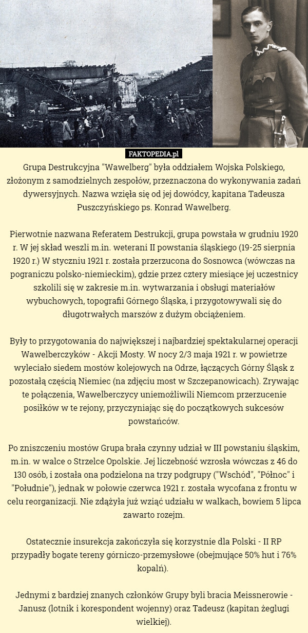 Grupa Destrukcyjna "Wawelberg" była oddziałem Wojska Polskiego, złożonym z samodzielnych zespołów, przeznaczona do wykonywania zadań dywersyjnych. Nazwa wzięła się od jej dowódcy, kapitana Tadeusza Puszczyńskiego ps. Konrad Wawelberg.

Pierwotnie nazwana Referatem Destrukcji, grupa powstała w grudniu 1920 r. W jej skład weszli m.in. weterani II powstania śląskiego (19-25 sierpnia 1920 r.) W styczniu 1921 r. została przerzucona do Sosnowca (wówczas na pograniczu polsko-niemieckim), gdzie przez cztery miesiące jej uczestnicy szkolili się w zakresie m.in. wytwarzania i obsługi materiałów wybuchowych, topografii Górnego Śląska, i przygotowywali się do długotrwałych marszów z dużym obciążeniem.

Były to przygotowania do największej i najbardziej spektakularnej operacji Wawelberczyków - Akcji Mosty. W nocy 2/3 maja 1921 r. w powietrze wyleciało siedem mostów kolejowych na Odrze, łączących Górny Śląsk z pozostałą częścią Niemiec (na zdjęciu most w Szczepanowicach). Zrywając te połączenia, Wawelberczycy uniemożliwili Niemcom przerzucenie posiłków w te rejony, przyczyniając się do początkowych sukcesów powstańców.

Po zniszczeniu mostów Grupa brała czynny udział w III powstaniu śląskim, m.in. w walce o Strzelce Opolskie. Jej liczebność wzrosła wówczas z 46 do 130 osób, i została ona podzielona na trzy podgrupy ("Wschód", "Północ" i "Południe"), jednak w połowie czerwca 1921 r. została wycofana z frontu w celu reorganizacji. Nie zdążyła już wziąć udziału w walkach, bowiem 5 lipca zawarto rozejm.

Ostatecznie insurekcja zakończyła się korzystnie dla Polski - II RP przypadły bogate tereny górniczo-przemysłowe (obejmujące 50% hut i 76% kopalń). 

Jednymi z bardziej znanych członków Grupy byli bracia Meissnerowie - Janusz (lotnik i korespondent wojenny) oraz Tadeusz (kapitan żeglugi wielkiej). 