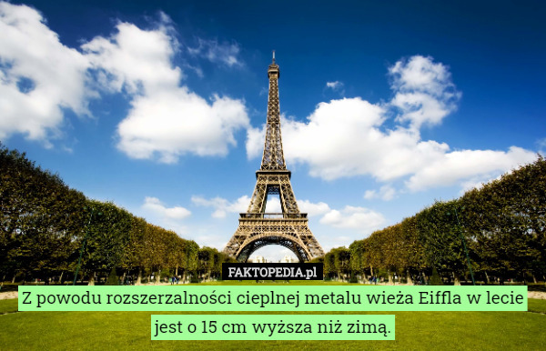 Z powodu rozszerzalności cieplnej metalu wieża Eiffla w lecie jest o 15 cm wyższa niż zimą. 
