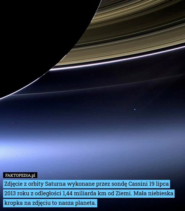 Zdjęcie z orbity Saturna wykonane przez sondę Cassini 19 lipca 2013 roku z odległości 1,44 miliarda km od Ziemi. Mała niebieska kropka na zdjęciu to nasza planeta. 