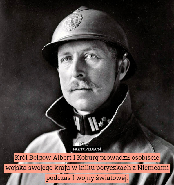 Król Belgów Albert I Koburg prowadził osobiście wojska swojego kraju w kilku potyczkach z Niemcami podczas I wojny światowej. 