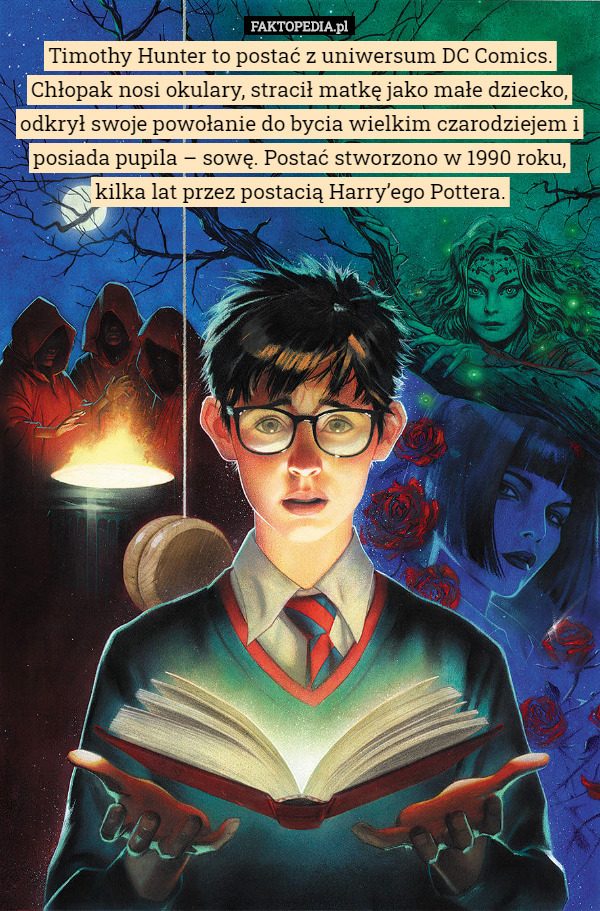 Timothy Hunter to postać z uniwersum DC Comics. Chłopak nosi okulary, stracił matkę jako małe dziecko, odkrył swoje powołanie do bycia wielkim czarodziejem i posiada pupila – sowę. Postać stworzono w 1990 roku, kilka lat przez postacią Harry’ego Pottera. 