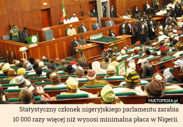 Statystyczny członek nigeryjskiego parlamentu zarabia
10 000 razy więcej niż wynosi minimalna płaca w Nigerii. 