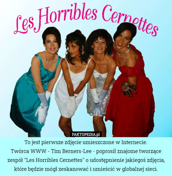 To jest pierwsze zdjęcie umieszczone w Internecie.
Twórca WWW - Tim Berners-Lee - poprosił znajome tworzące zespół "Les Horribles Cernettes" o udostępnienie jakiegoś zdjęcia, które będzie mógł zeskanować i umieścić w globalnej sieci. 