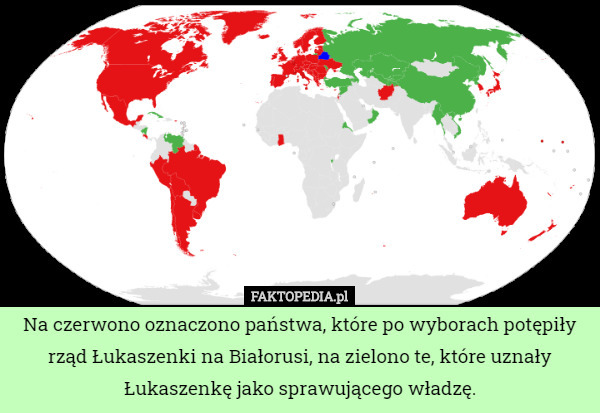 Na czerwono oznaczono państwa, które po wyborach potępiły rząd Łukaszenki na Białorusi, na zielono te, które uznały Łukaszenkę jako sprawującego władzę. 