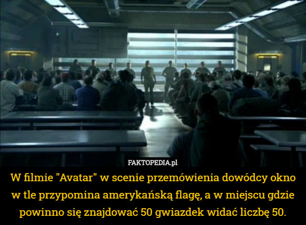 W filmie "Avatar" w scenie przemówienia dowódcy okno w tle przypomina amerykańską flagę, a w miejscu gdzie powinno się znajdować 50 gwiazdek widać liczbę 50. 