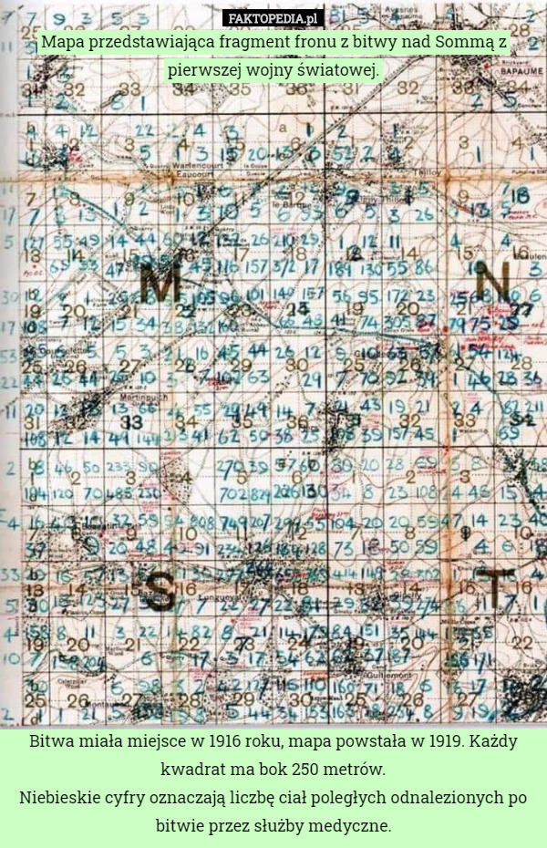 Mapa przedstawiająca fragment fronu z bitwy nad Sommą z pierwszej wojny światowej. Bitwa miała miejsce w 1916 roku, mapa powstała w 1919. Każdy kwadrat ma bok 250 metrów.
Niebieskie cyfry oznaczają liczbę ciał poległych odnalezionych po bitwie przez służby medyczne. 