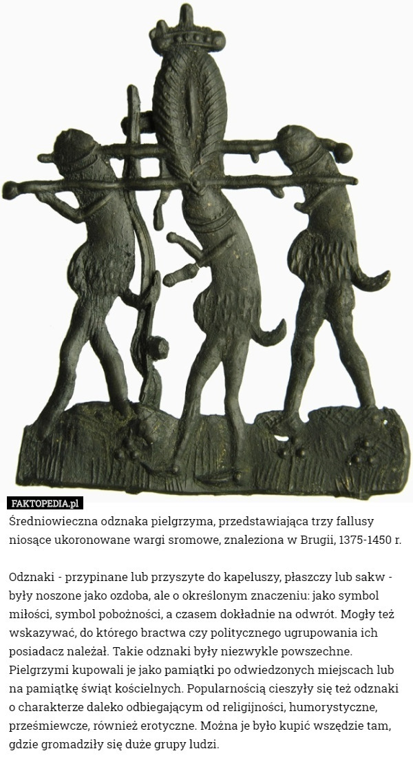 Średniowieczna odznaka pielgrzyma, przedstawiająca trzy fallusy niosące ukoronowane wargi sromowe, znaleziona w Brugii, 1375-1450 r.

Odznaki - przypinane lub przyszyte do kapeluszy, płaszczy lub sakw - były noszone jako ozdoba, ale o określonym znaczeniu: jako symbol miłości, symbol pobożności, a czasem dokładnie na odwrót. Mogły też wskazywać, do którego bractwa czy politycznego ugrupowania ich posiadacz należał. Takie odznaki były niezwykle powszechne. Pielgrzymi kupowali je jako pamiątki po odwiedzonych miejscach lub na pamiątkę świąt kościelnych. Popularnością cieszyły się też odznaki o charakterze daleko odbiegającym od religijności, humorystyczne, prześmiewcze, również erotyczne. Można je było kupić wszędzie tam, gdzie gromadziły się duże grupy ludzi. 