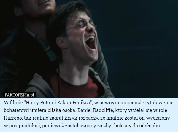 W filmie "Harry Potter i Zakon Feniksa", w pewnym momencie tytułowemu bohaterowi umiera bliska osoba. Daniel Radcliffe, który wcielał się w role Harrego, tak realnie zagrał krzyk rozpaczy, że finalnie został on wyciszony w postprodukcji, ponieważ został uznany za zbyt bolesny do odsłuchu. 