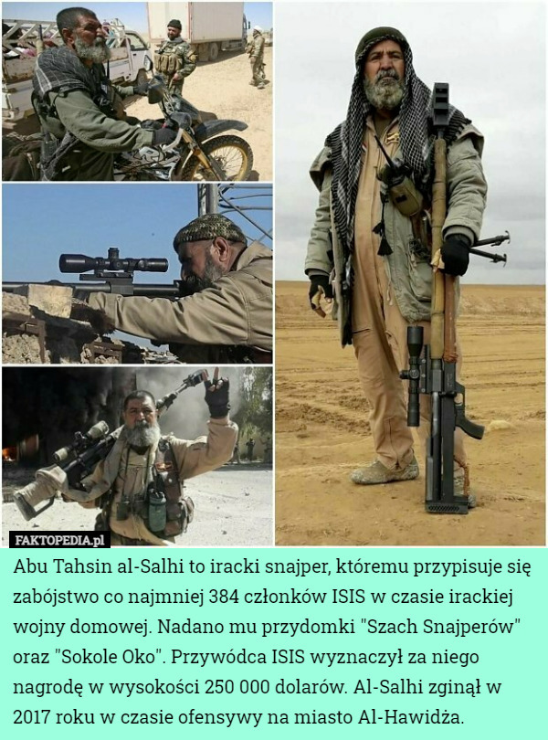 Abu Tahsin al-Salhi to iracki snajper, któremu przypisuje się zabójstwo co najmniej 384 członków ISIS w czasie irackiej wojny domowej. Nadano mu przydomki "Szach Snajperów" oraz "Sokole Oko". Przywódca ISIS wyznaczył za niego nagrodę w wysokości 250 000 dolarów. Al-Salhi zginął w 2017 roku w czasie ofensywy na miasto Al-Hawidża. 