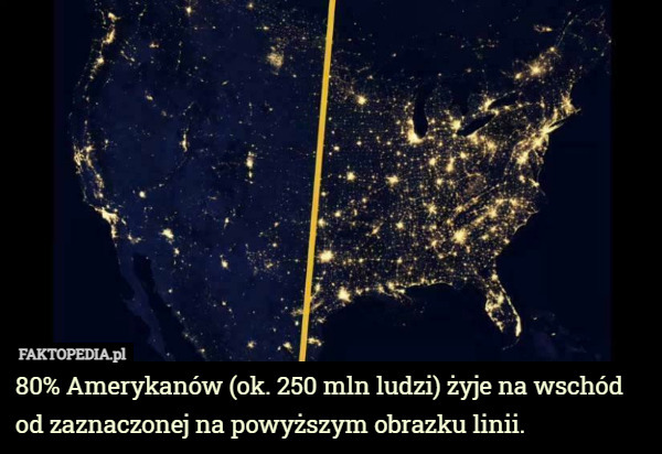 80% Amerykanów (ok. 250 mln ludzi) żyje na wschód od zaznaczonej na powyższym obrazku linii. 